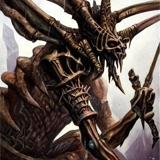 Image similar to magic the gathering card art depicting a demon made of bone and metal and sinew, long head, hi - res scan, gestural, eeire