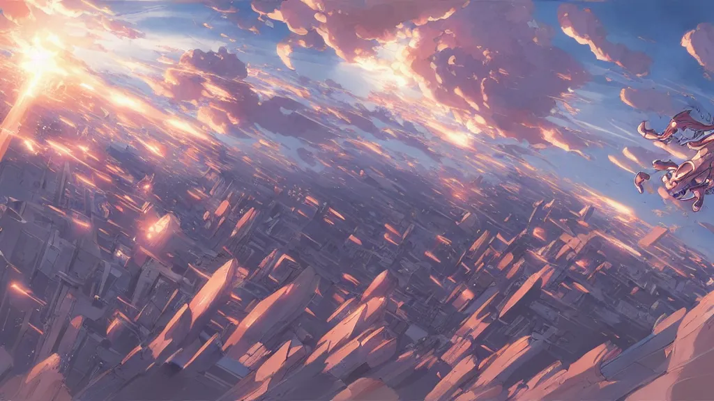 Image similar to highly detailed comic spread depicting an impactful action scene on the sky with expert design fictional characters, high details, dynamic art by murata, moebius, makoto shinkai, craig mullins, digital painting, masterpiece, best selling, pixiv, volumetric lighting, realistic shaded lighting, 8 k, highly detailed render,