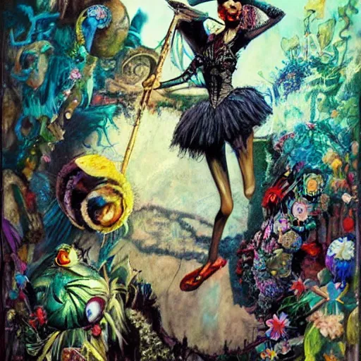 Image similar to josephine baker in alice in wonderland tripping on lsd, intricate detail, painting, royo, frazetta, whealan,