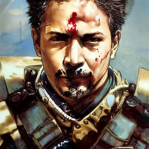 Image similar to portrait of a hero holding his sword in front of his face by yoji shinkawa, high quality, extra details, realism, ornate, colored, golden chain, blood, white skin, short hair, brown eyes, vivid, sunlight, dynamic, american man, freedom, white american soldier, painting, half and half, half painted half black and white