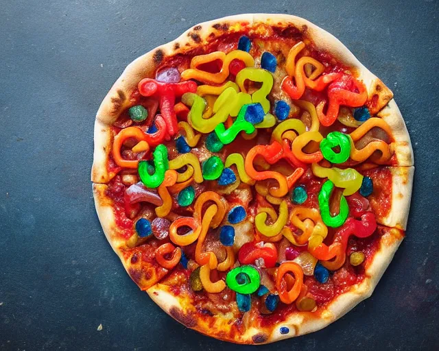 Image similar to pizza with gummy bears and gummy snakes and other candues as toppings, professional food photography, tasty