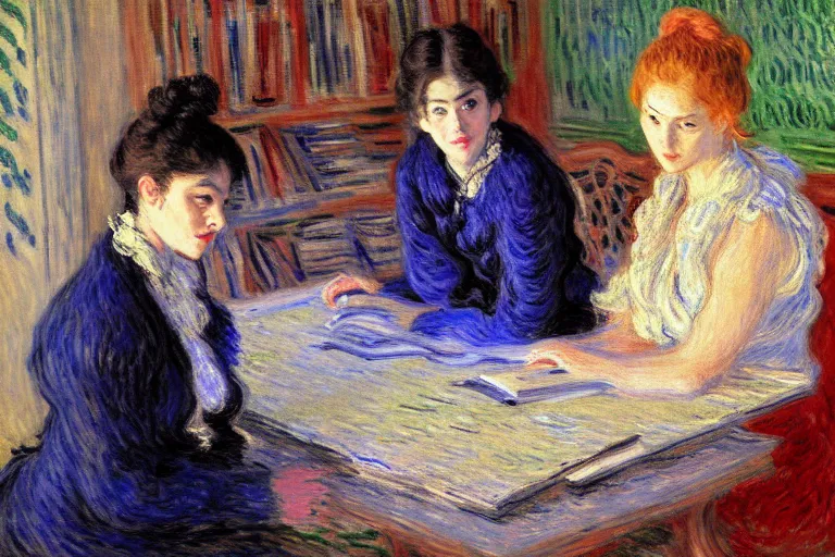 Image similar to portrait of two wise and very beautiful women discussing some texts appearing in a computer screen, art by monet, intricate, elegant, highly detailed, smooth, sharp focus, artstation