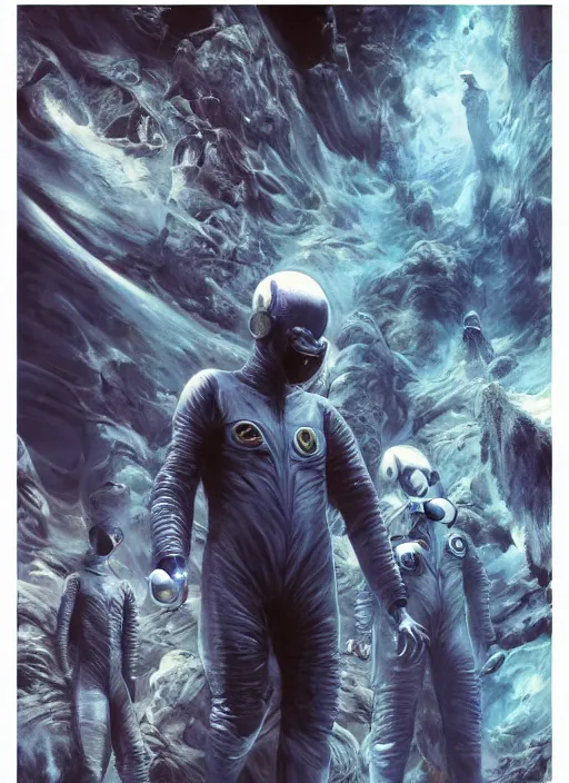 Image similar to astronauts in the dark infinite underwater void - complex and hyperdetailed technical suit, fabric material. reflection and dispersion materials. rays and dispersion of light. volumetric light. wide angle, f / 3 2. noise film photo. flash photography. ultra realistic, wide angle. poster by wayne barlowe, hajime sorayama aaron horkey, craig mullins