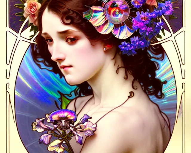 Image similar to overlord, rococo and art nouveau fusion, iridescent diaphanous refractive and reflective flower bouquet, tarot card, highly detailed, deep focus, elegant, digital painting, smooth, sharp focus, illustration, ultra realistic, 8 k, art by artgerm and alphonse mucha