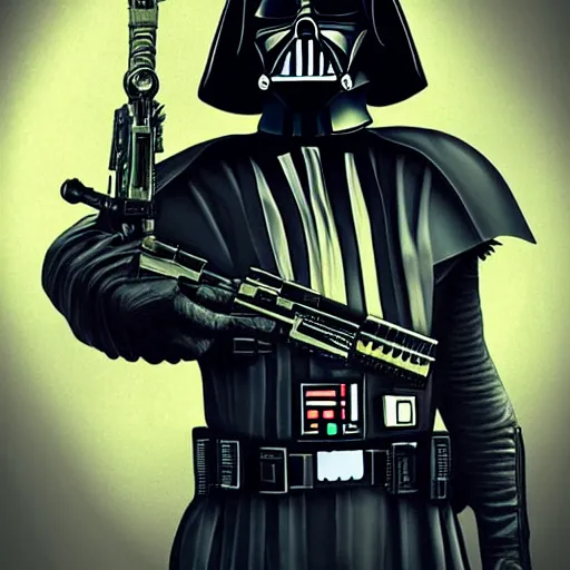 Image similar to hyperrealistic portrait of gothic cyberpunk darth vader holding a golden ak 4 7, 4 k, highly detailed, beautifully rendered