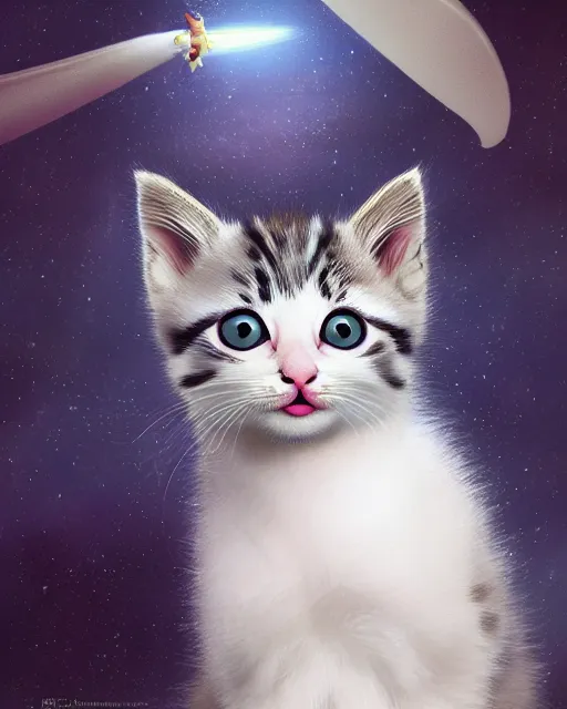 Image similar to a kitten on a rocket, photo, ultra detail, photoreal, professionally retouched, soft moonlight lighting, shiny plastic bikini, realistic, smooth face, goddess, luscious lips, perfect eyes, wide angle, sharp focus on eyes, 8 k high definition, insanely detailed, intricate, elegant, art by artgerm and wlop