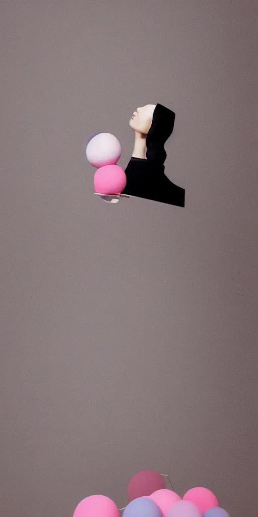 Image similar to 3d matte render, Hsiao-Ron Cheng, balloons, pastel colors, hyper-realism, pastel, polkadots, minimal, simplistic, amazing composition, woman, vaporwave, wow, Gertrude Abercrombie, Beeple, minimalistic graffiti masterpiece, minimalism, 3d abstract render overlayed, black background, psychedelic therapy, trending on ArtStation, ink splatters, pen lines, incredible detail, creative, positive energy, happy, unique, negative space, pure imagination painted by artgerm