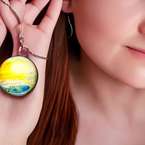 Image similar to a closeup of woman wearing neckless with a glowing planet Saturn as the pendant, in the style of a Pixar movie