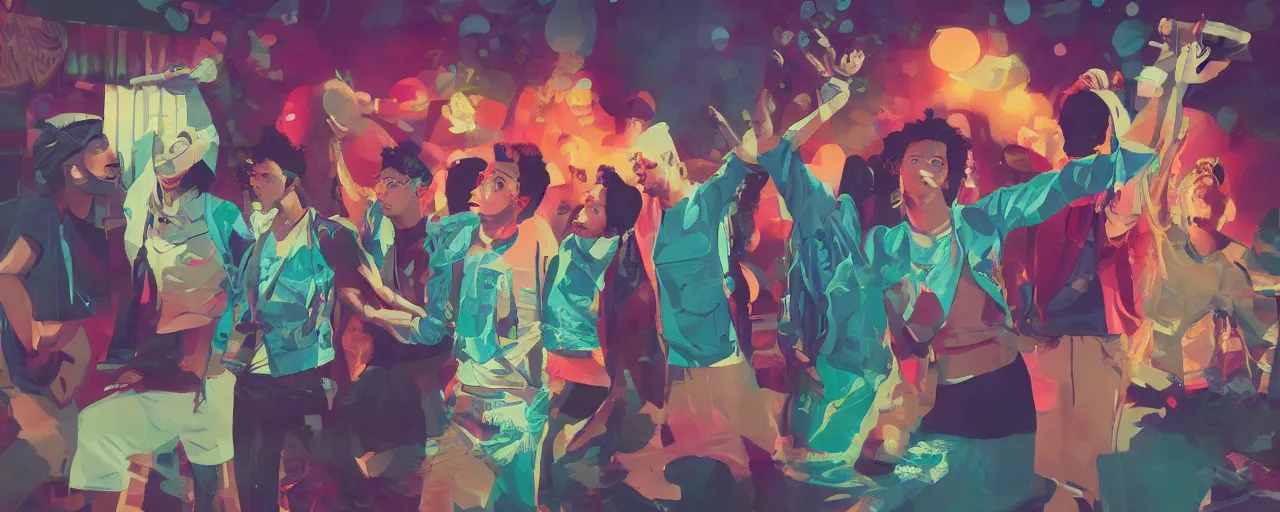 Image similar to four friends rapping with microphone in living room, epic pose, white people, Asian people, Hispanic people, Indian people, silhouetted, distinct, digital art, vaporwave, psychedelic, surreal, trending on Artstation, professional artist, detailed, 4k