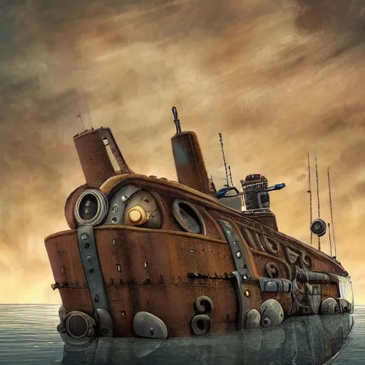 Prompt: steampunk submarine near a dock, digital art, painterly style, epic composition, hd, 4 k, professional, intricate detail