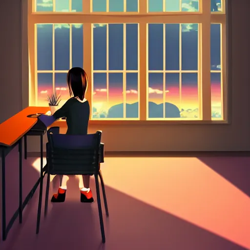 Prompt: asian girl in empty classroom with chairs and desks, sunset, warm atmoshpere, anime wallpaper, high details, light rays through window, shadows from window light on empty seats and desks, warm light, cute girl, by samdoesarts