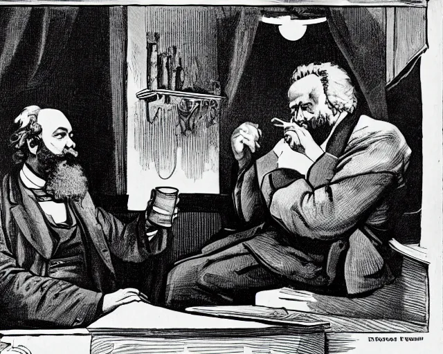 Image similar to karl marx chatting with aristotle in a bar, nighttime, noir, golden lights, calm feeling