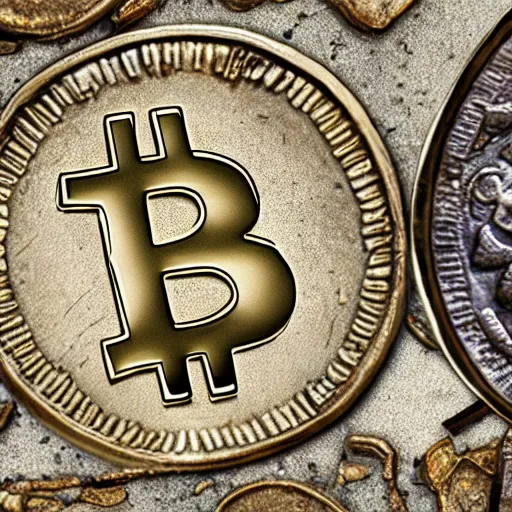 Image similar to an archaeologist uncovering ancient bitcoin coins