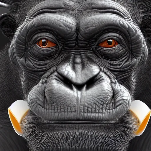 Image similar to a high detail closeup shot of a chimp wearing a suit 👔,and smoking a cigarrette🚬, cgcosiety, artstation, unreal engine, realism