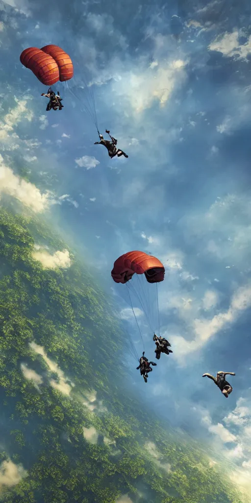 Prompt: downward view of sky divers parachuting downward, Amazon jungle setting, Photorealistic, establishing shot, cinematic lighting, , dramatic lighting, atmospheric, realistic, octane render, highly detailed, color graded, matte painting in the style of craig mullins