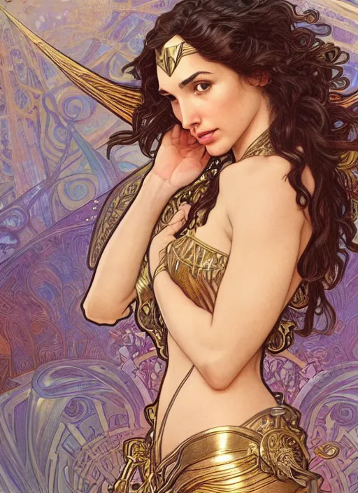 Image similar to Gal Gadot as God of Beauty, cute, fantasy, intricate, elegant, highly detailed, digital painting, 4k, HDR, concept art, smooth, sharp focus, illustration, art by alphonse mucha,artgerm, H R Giger