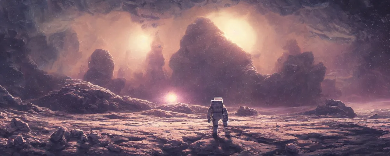 Image similar to lone astronaut exploring outer planet covered with ice, art by paul lehr, cinematic, detailed, epic, widescreen, opening, establishing, matte painting, photorealistic, realistic textures, octane render