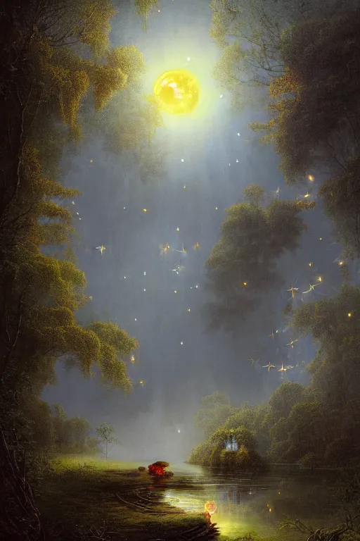 Prompt: a beautiful digital illustration painting of a detailed gothic fantasy secret calm creek babbling brooke cows drinking moon in sky fireflies, by benoit b. mandelbrot, steven belledin, martin johnson heade, lee madgwick, caspar david friedrich, and david rios ferreira. 8 k resolution trending on artstation concept art digital illustration