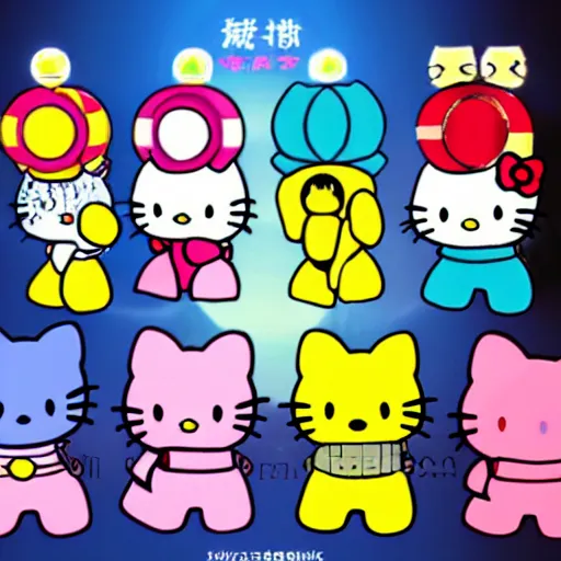 Image similar to hello kitty characters as power rangers, god rays