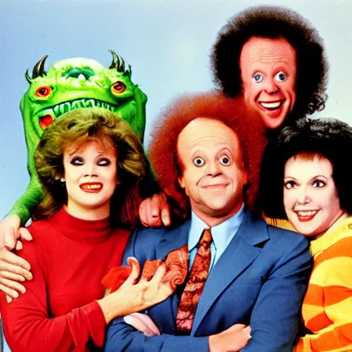 Image similar to vintage 1 9 8 0's sitcom publicity photo, a happy photogenic family and richard simmons as a horrifying angry detailed monstrous demon creature inside a 1 9 8 0's sitcom living room