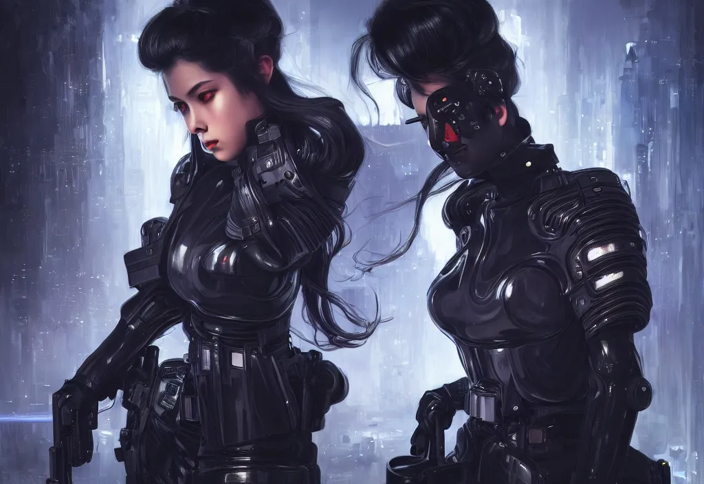 Image similar to portrait holy dark grey hair of futuristic police girl, black armored uniform, at neon light flashing reflected tokyo night, ssci - fi and fantasy, intricate and very very beautiful, highly detailed, digital painting, artstation, concept art, smooth and sharp focus, illustration, art by tian zi and wlop and alphonse mucha