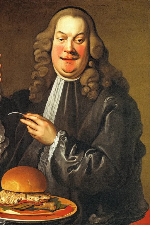 Prompt: JS Bach eating a hamburger by Rembrant