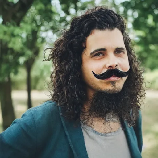 Prompt: man with long curly dark hair and a mustache surrounded by beans