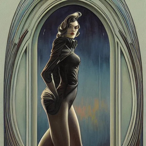 Image similar to a streamline moderne, ( art nouveau ), ( ( dieselpunk ) ) painting in the style of charlie bowater, and in the style of donato giancola, and in the style of charles dulac. symmetry, smooth, sharp focus, hyperrealism, intricate symmetrical ultrafine background detail.