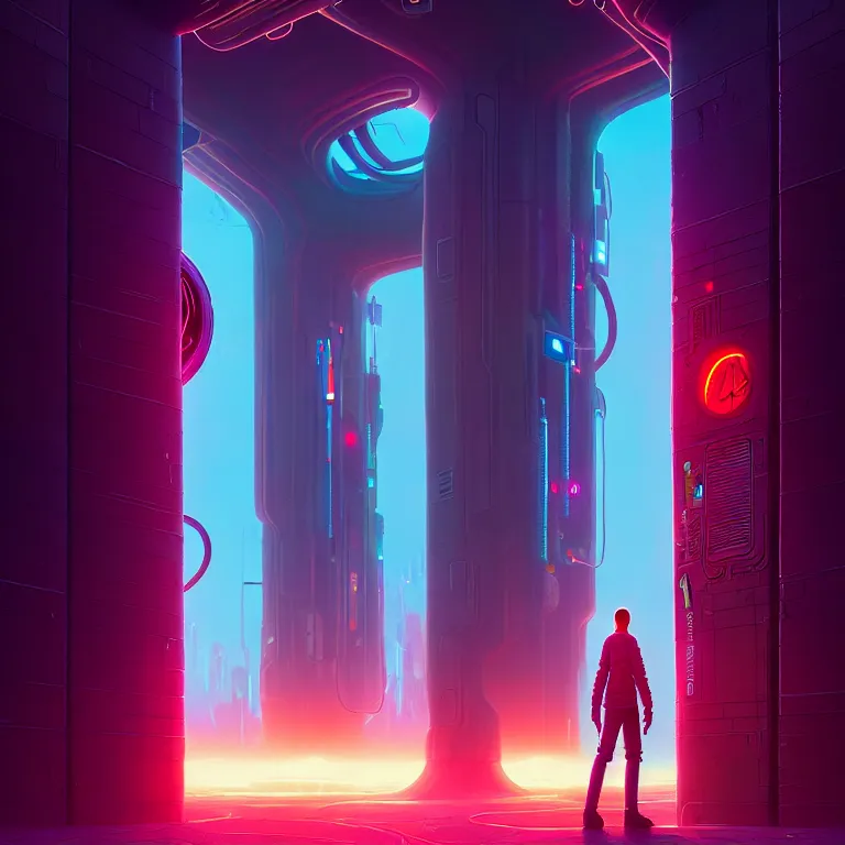 Prompt: a person standing in front of a portal, cyberpunk, epic surrealism, detailed digital matte painting in the style of simon stalenhag, josan gonzalez, artstation, psychedelic