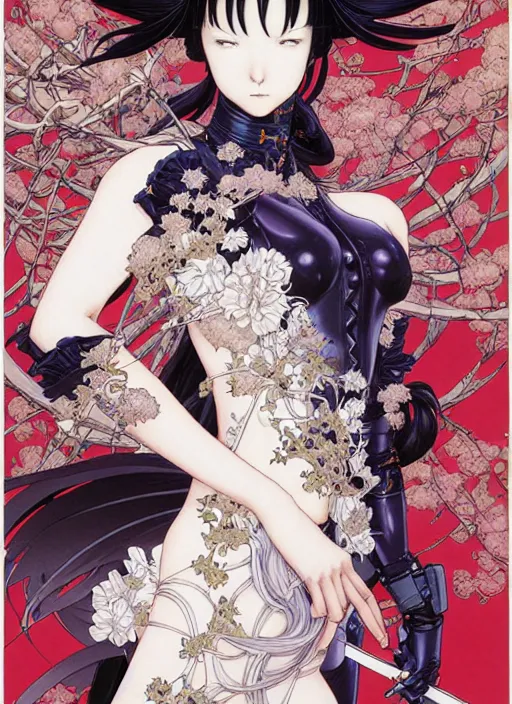 Image similar to artstation fantastic fate manga poster of princess mechine, takato yamamoto, long hair, art nouveau, armor, laces, ruffles, by katsuhiro otomo, shigenori soejima, minaba hideo, jump comics, fluorescent, illustration,, highly detailed, 8 k, maximalist,