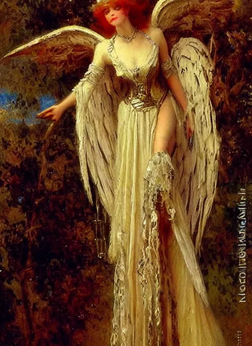 Image similar to vertical prtrait of an angel knight gothic girl, baroque dress. by gaston bussiere