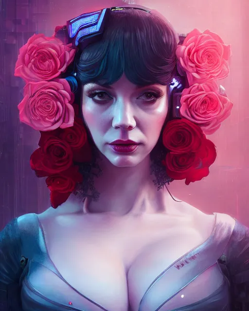 Image similar to portrait of christina hendricks with roses, cyberpunk cyborg. roses, sci - fi, intricate abstract upper body intricate artwork, by tooth wu, wlop, beeple, dan mumford. concept art, octane render, deviantart, greg rutkowski, cinematic arthouse, key art, hyper realism, iridescent accents