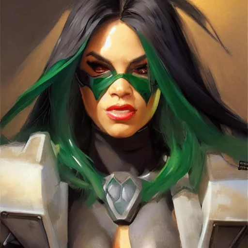 Image similar to greg manchess portrait painting of jade from mortal kombat as overwatch character, medium shot, asymmetrical, profile picture, organic painting, sunny day, matte painting, bold shapes, hard edges, street art, trending on artstation, by huang guangjian and gil elvgren and sachin teng