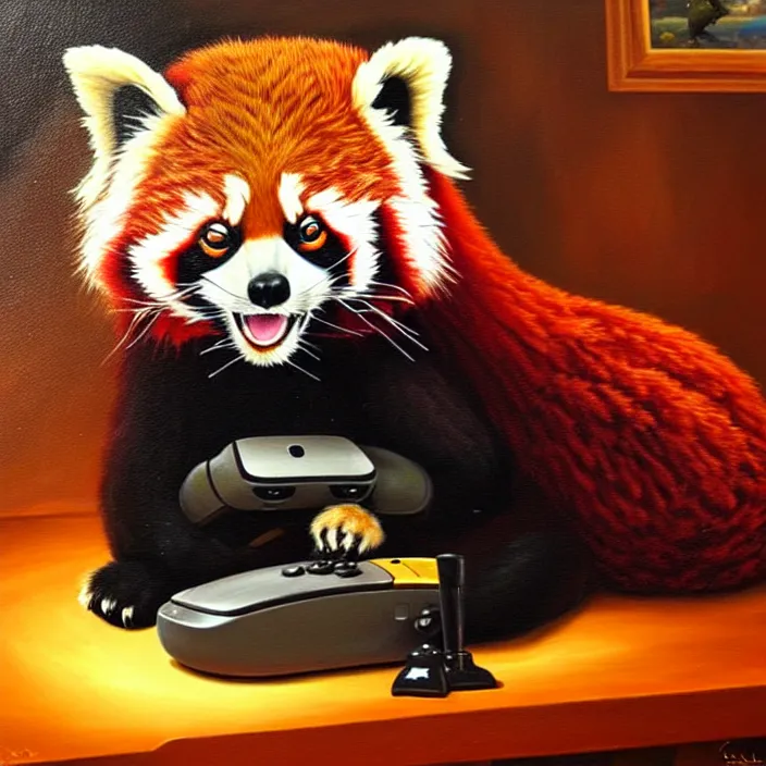 Image similar to an oil painting of a red panda playing video games on a pc, furry, gamer, oil on canvas, cute, highly detailed, soft lighting, pretty