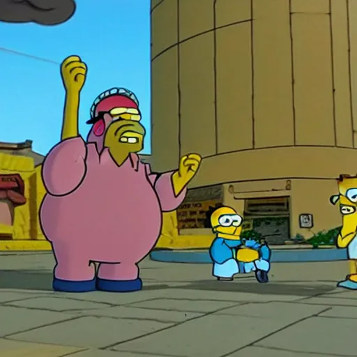 Image similar to claymation film still of roadhog waving to Homer Simpson and Peter Griffin