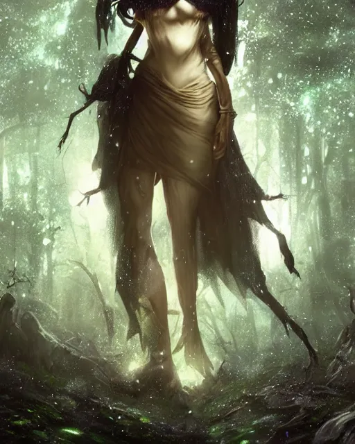 Image similar to sarah bolger as dnd elf with black hair black dress as pathfinder in a nebula forest by greg rutkowski, high key lighting, volumetric light, digital art, highly detailed, fine detail, intricate, ornate, complex, octane render, unreal engine, photorealistic digital painting, artstation, concept art, sharp focus, art by greg rutkowski and alphonse mucha