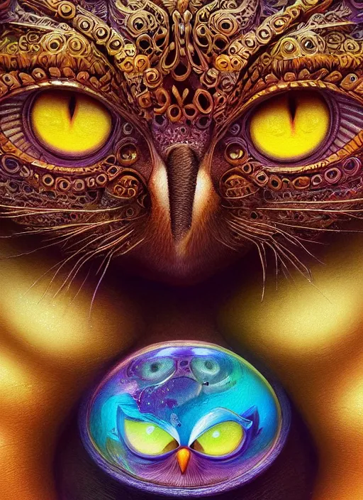 Image similar to psychedelic cat owl figure by naoto hattori, android jones and chris dyer, depth of field, intricate beautiful painting, billions of details, octane render, trending on artstation