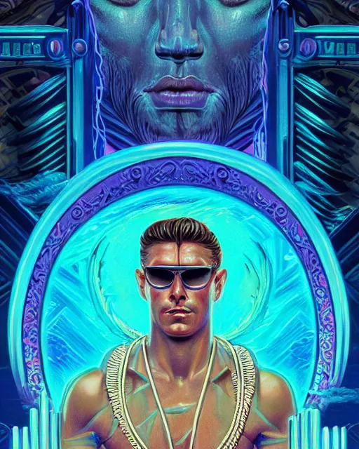 Prompt: synthwave outrun art - deco poseidon wearing sunglasses and a laurel wreath | highly detailed | very intricate | symmetrical | cinematic lighting | award - winning | closeup portrait | 8 0 s nostalgia | painted by donato giancola and mandy jurgens and charlie bowater | featured on artstation