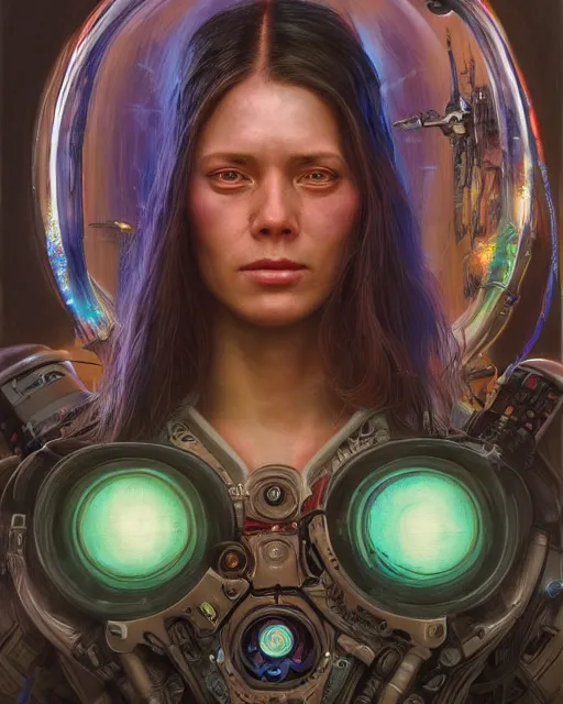 Image similar to a futuristic hippie wearing tie - dye and cybernetic - implants | cyberpunk art | highly detailed | very intricate | symmetrical | cinematic lighting | award - winning | closeup portrait | painted by donato giancola and mandy jurgens and rossdraws and rhads | featured on artstation