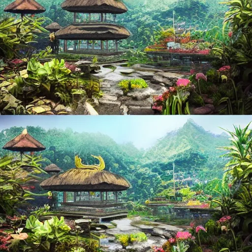 Image similar to A beautiful, perfect, impressive, amazing concept art digital CG painting of a place in Bali, trending on ArtStation, Unreal Engine
