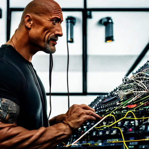 Image similar to dwayne johnson playing a modular synthesizer with lots of wires, ultra realistic, canon 3 5 m m photography, portrait