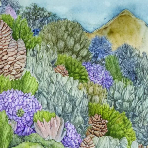 Image similar to delicate coastline mountain garden on paper, stony, puffy, botanical herbarium, botanic watercolors, iridescent, 8 k wide angle, realistic shaded, fine details, artstation, italian, rainbow, colonnade, oak, pinecone, pomegranade, hydrangea, vines, gardena architecture, pompeian, sicilian