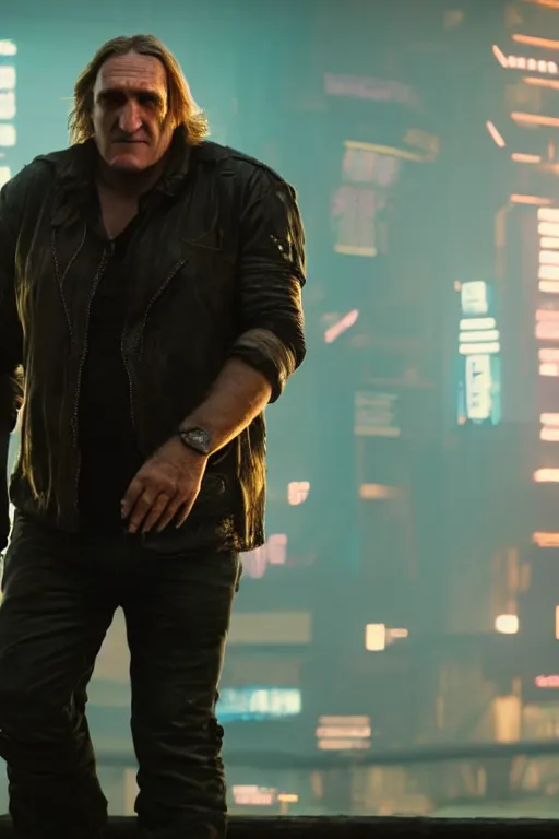 Prompt: a still of Gerard Depardieu in the movie Cyberpunk 2077 (2022), Nostromo, 4k, HD, high quality,