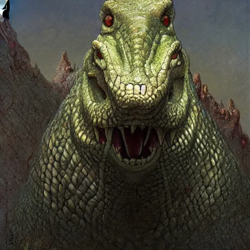 Prompt: vladimir putin, anthropomorphic bald prehistoric reptile, lizard putin, toothless, horror, macabre by donato giancola and greg rutkowski and wayne barlow and zdzisław beksinski, realistic face, digital art