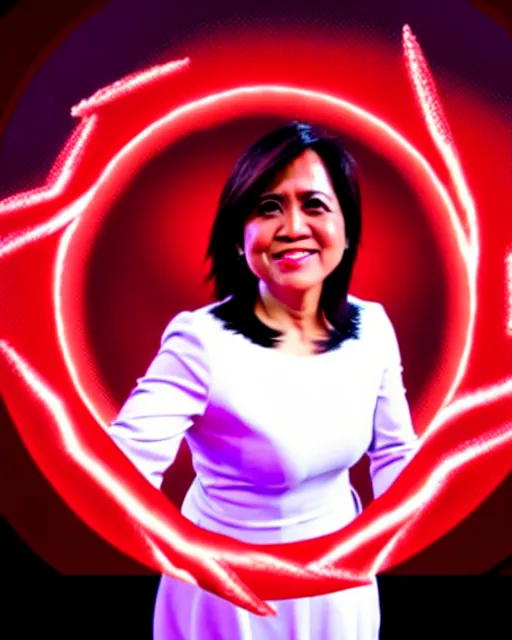 Prompt: leni robredo hadouken pose with red aura, stylish concept art,