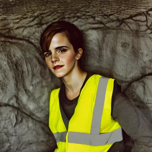 Image similar to photo, close up, emma watson in a hi vis vest, inside coal mine, portrait, kodak gold 2 0 0,