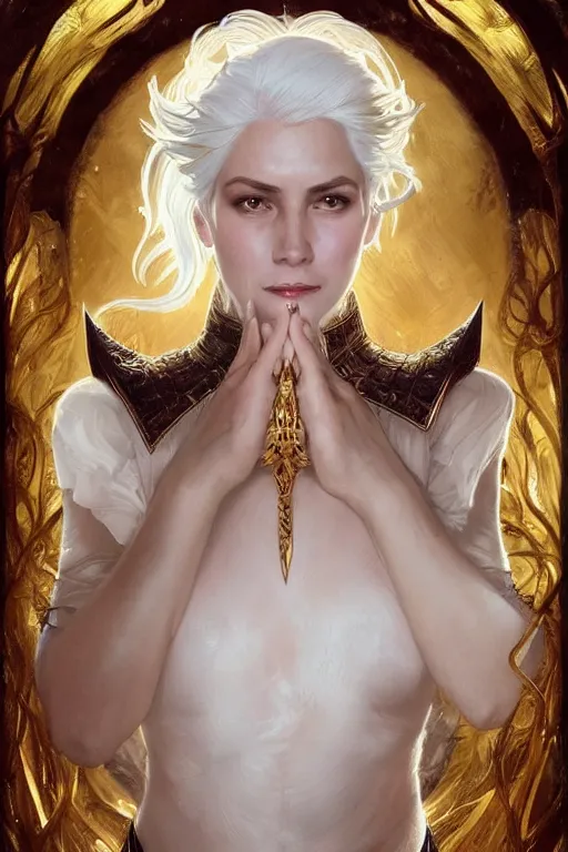 Image similar to fullbody!! beautiful woman with white hair, big natural horns on her head, gold jewellery, dnd, face, fantasy, intricate, elegant, highly detailed, digital painting, artstation, concept art, smooth, sharp focus, illustration, art by artgerm and greg rutkowski and alphonse mucha