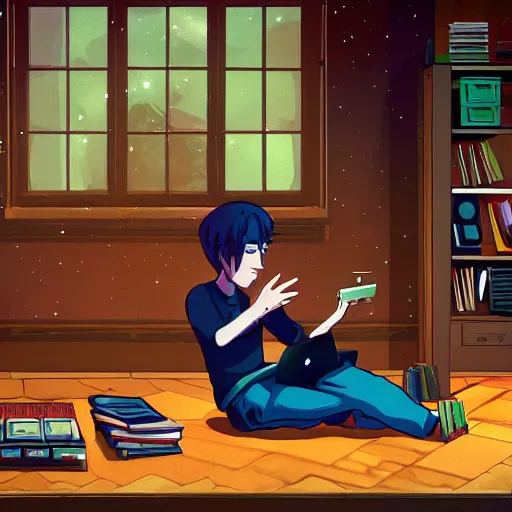 Image similar to a skinny computer nerd guy sitting on the floor of his room, crossed legs, laptop, smartphone, video games, tv, books, potions, jars, shelves, knick knacks, tranquil, star charts, calm, sparkles in the air, magic aesthetic, fantasy aesthetic, faded effect, by dreamworks animation studio