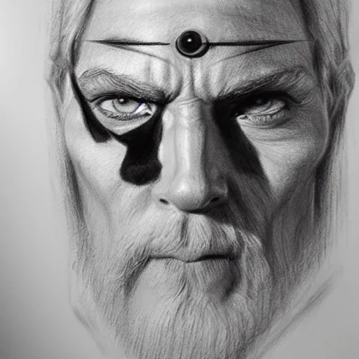 Image similar to Odin missing eye, charcoal portrait, artstation, fine-detailed