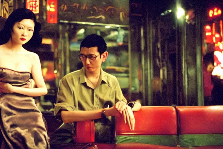 Image similar to wong kar wai love movie scene. wide angle